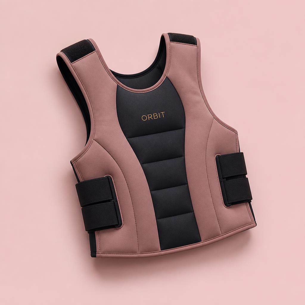 The Orbit weighted vest in dusty rose and charcoal, with the gold Orbit wordmark on the chest